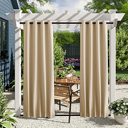 NICETOWN 2 Panels Outdoor Patio Curtains Windproof & Waterproof, Top & Bottom Grommet & Back Tab Light Blocking Drapes Keep Privacy for Yard/Porch with Ropes for Fixed, Biscotti Beige, W46 x L72