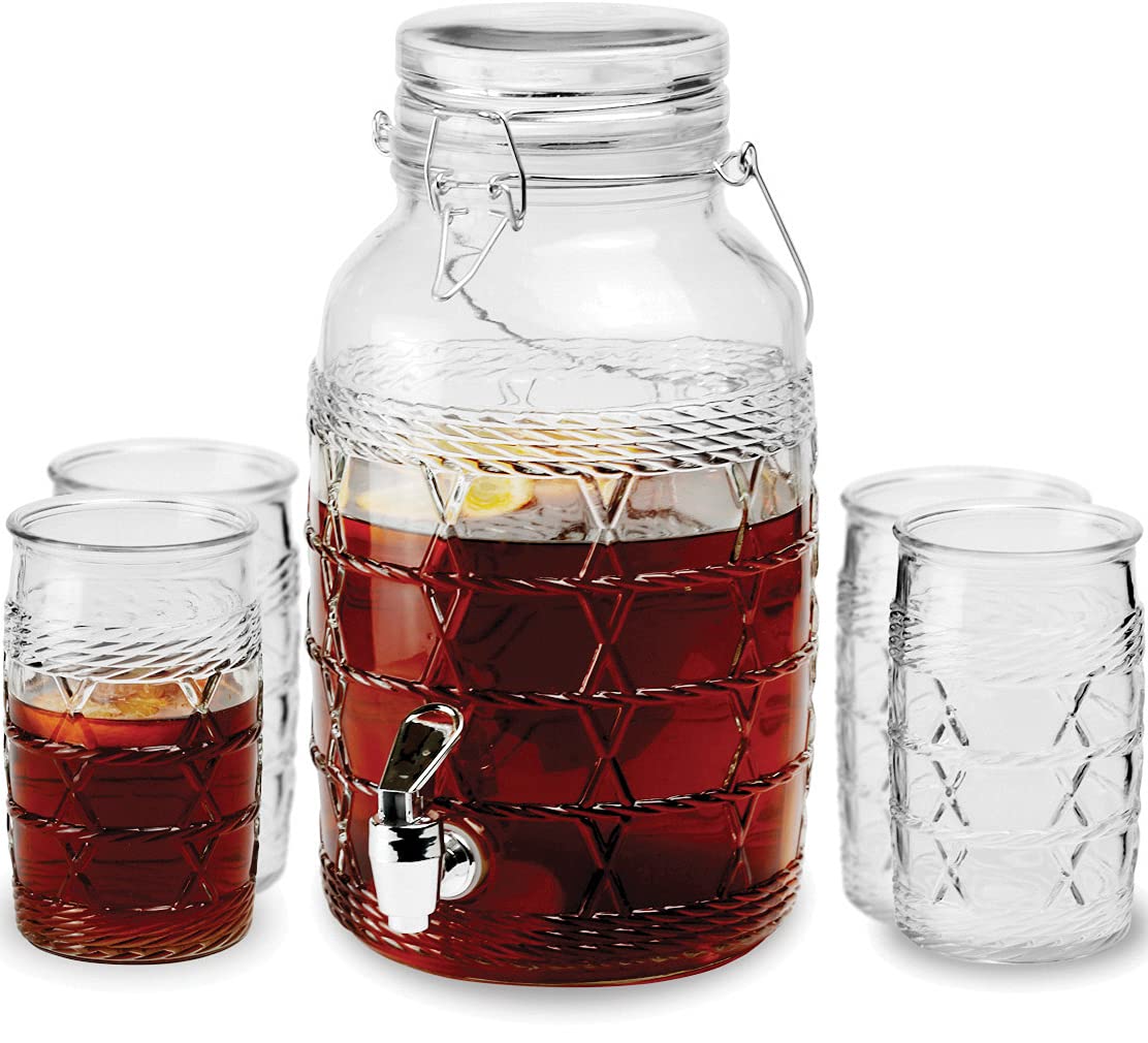 Circleware Wicker Entertainment Set, Beverage Dispenser With Hermetic Locking Lid And 4 Glasses, Glassware Pitcher for Water, Juice, Beer Wine Liquor, Kombucha & Cold Drinks, 128 oz & 4x16 oz