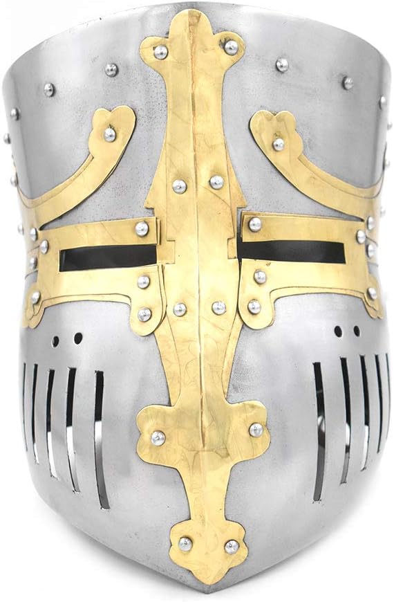 Medieval Warrior Templar Brass Crusader Helmet Knights Helmet | Wearable for Adult | Medieval Costumes | FREE STAND (Brass P)