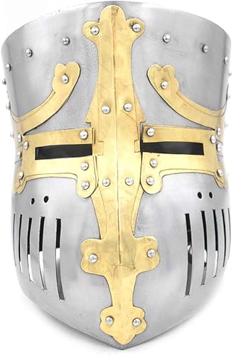 Medieval Warrior Templar Brass Crusader Casco de caballeros Para adultos Disfraces medievales Soporte libre