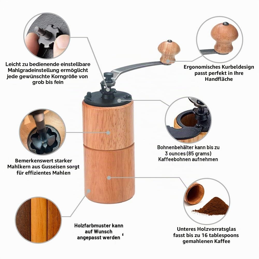 Akirakoki Manuelle Kaffeemühle aus Holz mit Gusseisen-Grat, große Kapazität, Handkurbel, tragbar, Reisen, Camping, verstellbar (braunes Holz)