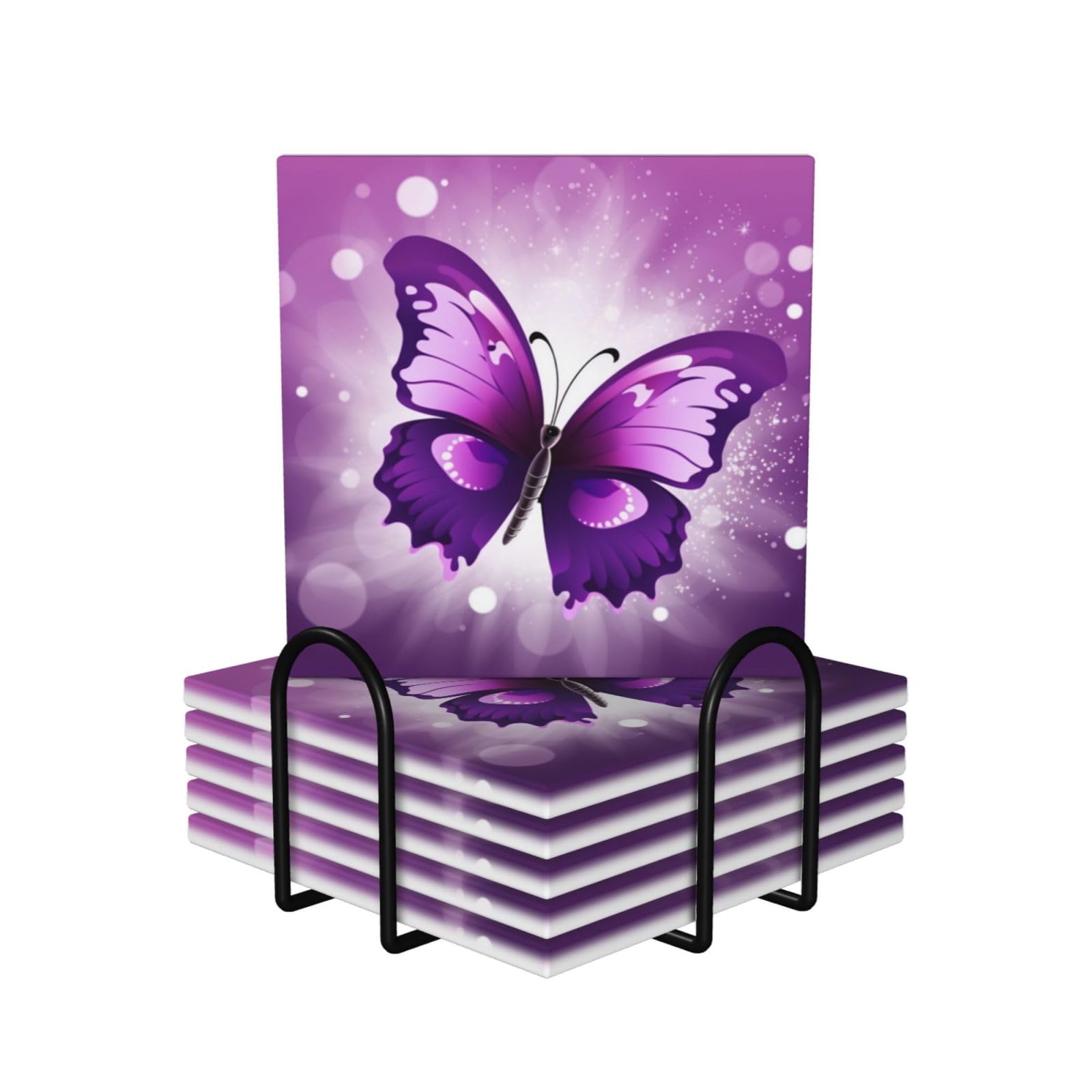 Dessous de verre absorbants en céramique lot de 6 avec support papillon violet