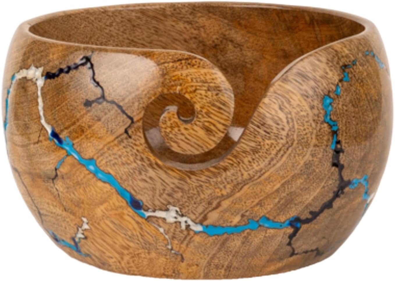 Wooden Yarn Bowl for Crocheting, 7x4 inch Large Crochet Holder Gift Accessories and Knitting Gadgets Supplies Handcrafted with Mango wood Fractal Burning & Blue,White,Black Resin Inlay (M-Multi)