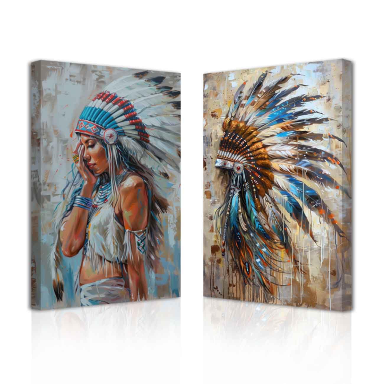 LZIMU Native American Wall Art 2 Pieces Indian Girl with Feathered Headdress Picture Prints Indian Woman Painting Southwest Artwork Indian Wall Decor Framed (White, 30.00 x 40.00 cms x 2PCS)