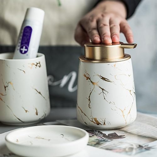 Miniatura 4 de YYW Juego de accesorios de baño de cerámica, 4 unidades de dispensador de jabón de espuma líquida recargable de mármol, con dispensador de loción,