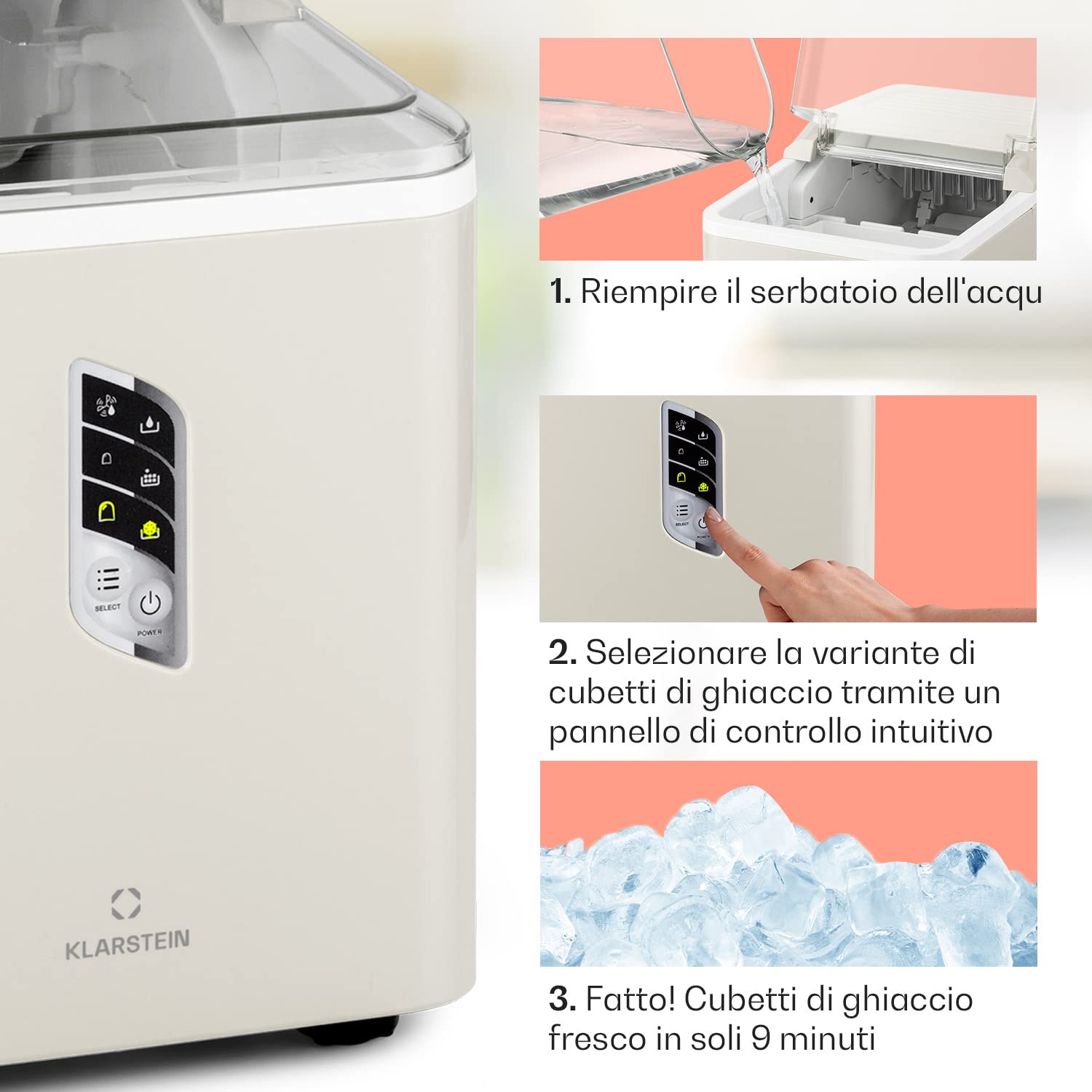 Klarstein Macchina del Ghiaccio Professionale 1.5L, Fabbricatore Ghiaccio Secco Fino a 12kg, Cubetti Grandi e Piccoli, Autopulente, Ice Maker per Casa