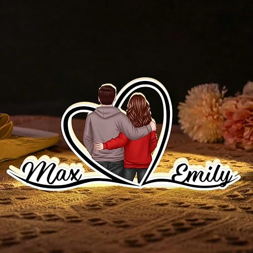 Pareja abrazando la vista trasera forma de corazón con nombres, caja de luz personalizada, regalo para él para ella, regalos para San Valentín