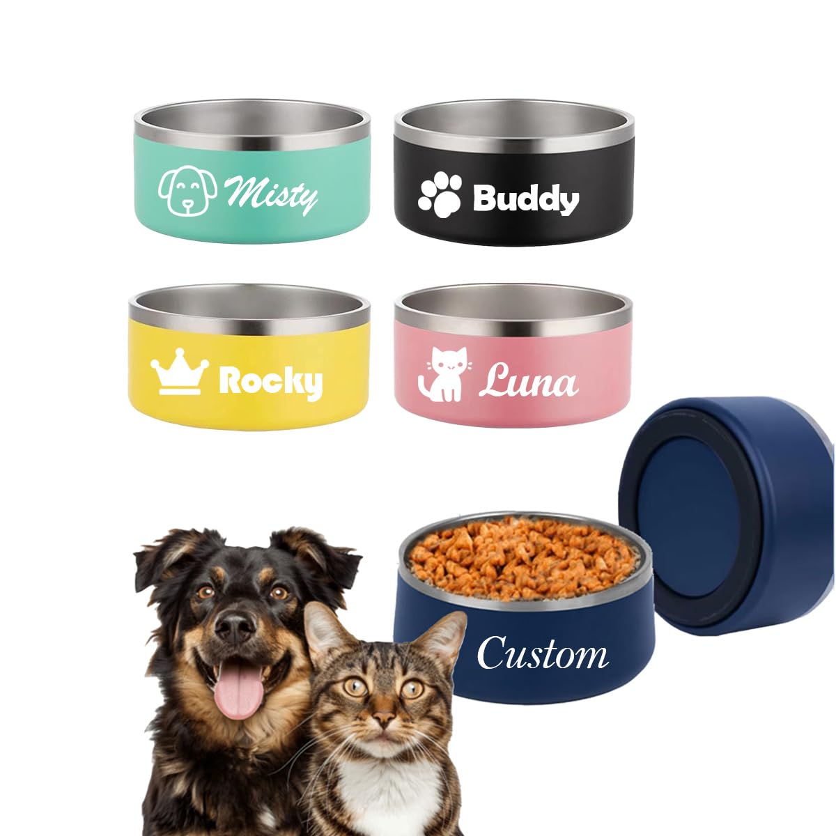 Personalized Cat Dog Bowl with Name Custom Stainless Steel Pet Bowls Customized Non Slip Durable Engraved Double Layer Reinforcement Cat Water Food Bowl for Pet's Present 32 oz.