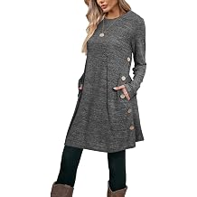 Poetsky Fall Dresses for Women 2026 Long Sleeve Mini Short Flowy Dress | Womens Tunic or Tops to Wear with Leggings Long Sleeve Side Buttons Swing Casual Long Shirts with Pockets S-3XL