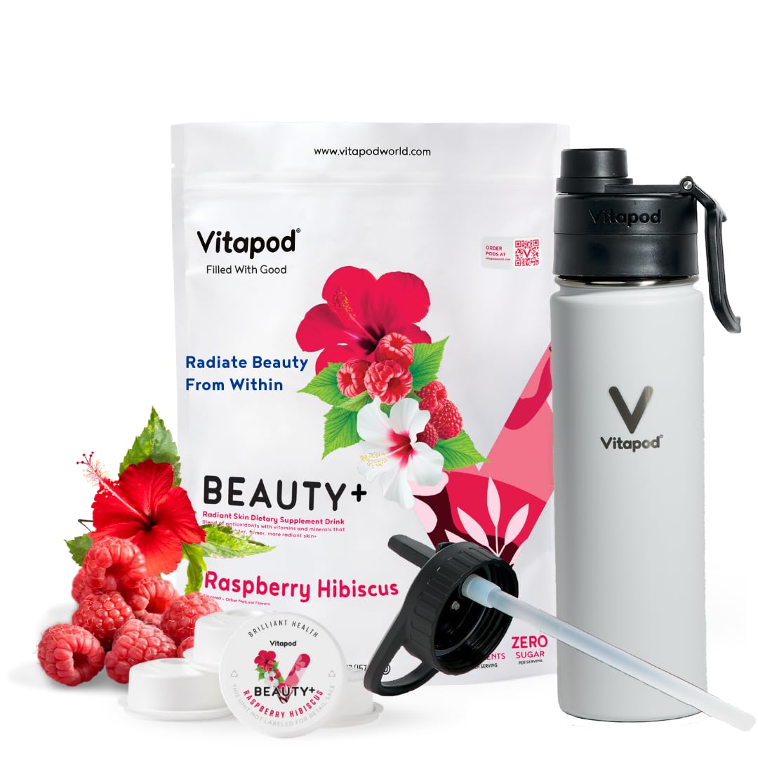 Vitapod Beauty+ Raspberry Hibiscus Flavored Water Enhancer Pods Starter Bundle, Sugar Free, Collagen, Vitamin C, Vitamin A, Zinc, 30 Pods, 22 oz Stainless Steel Water Bottle, White