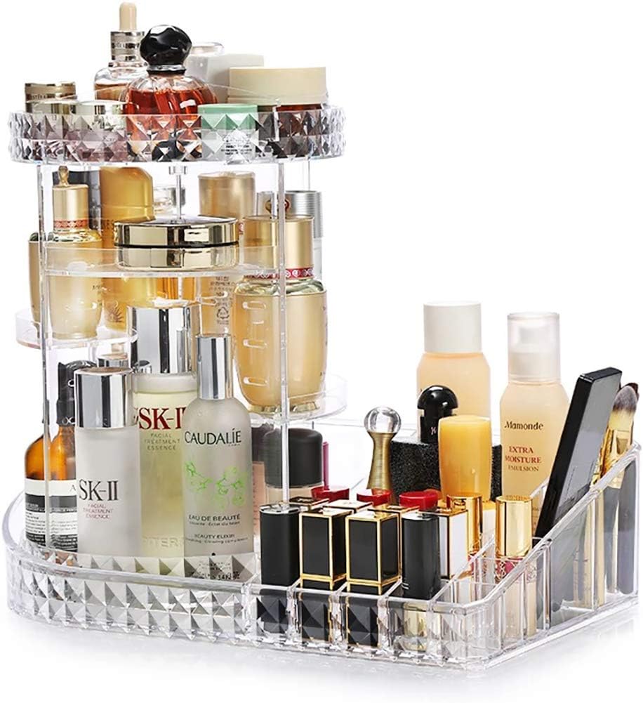 Lazy Susan Makeup Organizer Nail Bar 360° Rotating Adjustable Carousel with Tray, Storage for Cosmetics, Skincare, Nail Polish Bathroom, Bedroom, Closet (Clear）
