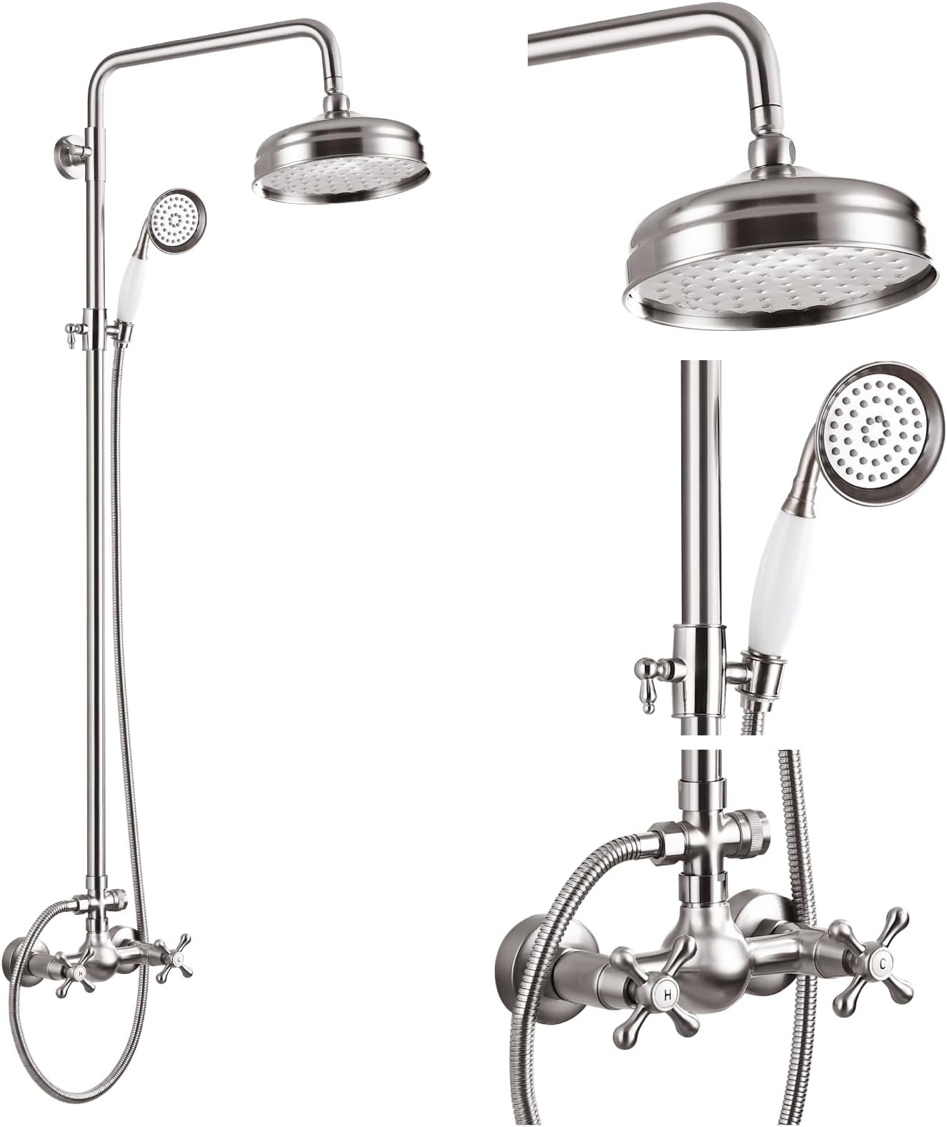 gotonovo Luxury Exposed Shower Faucet Set Bathroom Shower System 8 Inch Wall Mount Rainfall Shower Head with Handheld Spray Cross Double Handle Shower Fixture Adjustable Straight Rod Brushed Nickel