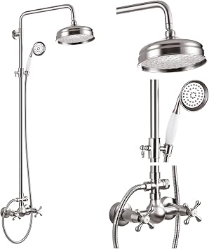 gotonovo Luxury Exposed Shower Faucet Set Bathroom Shower System 8 Inch Wall Mount Rainfall Shower Head with Handheld Spray Cross Double Handle Shower Fixture Adjustable Straight Rod Brushed Nickel