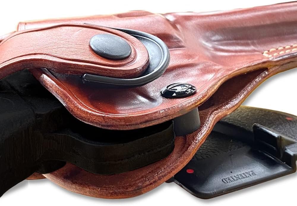 Masc OWB Leather Paddle Revolver Holster with Retention Strap, Fits Python .357 Magnum 5-inch, Right Hand Draw, Brown #1645#