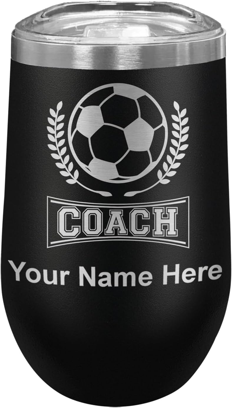 LaserGram 16oz Double Wall Stainless Steel Wine Glass Tumbler, Soccer Coach, Personalized Engraving Included (Black)