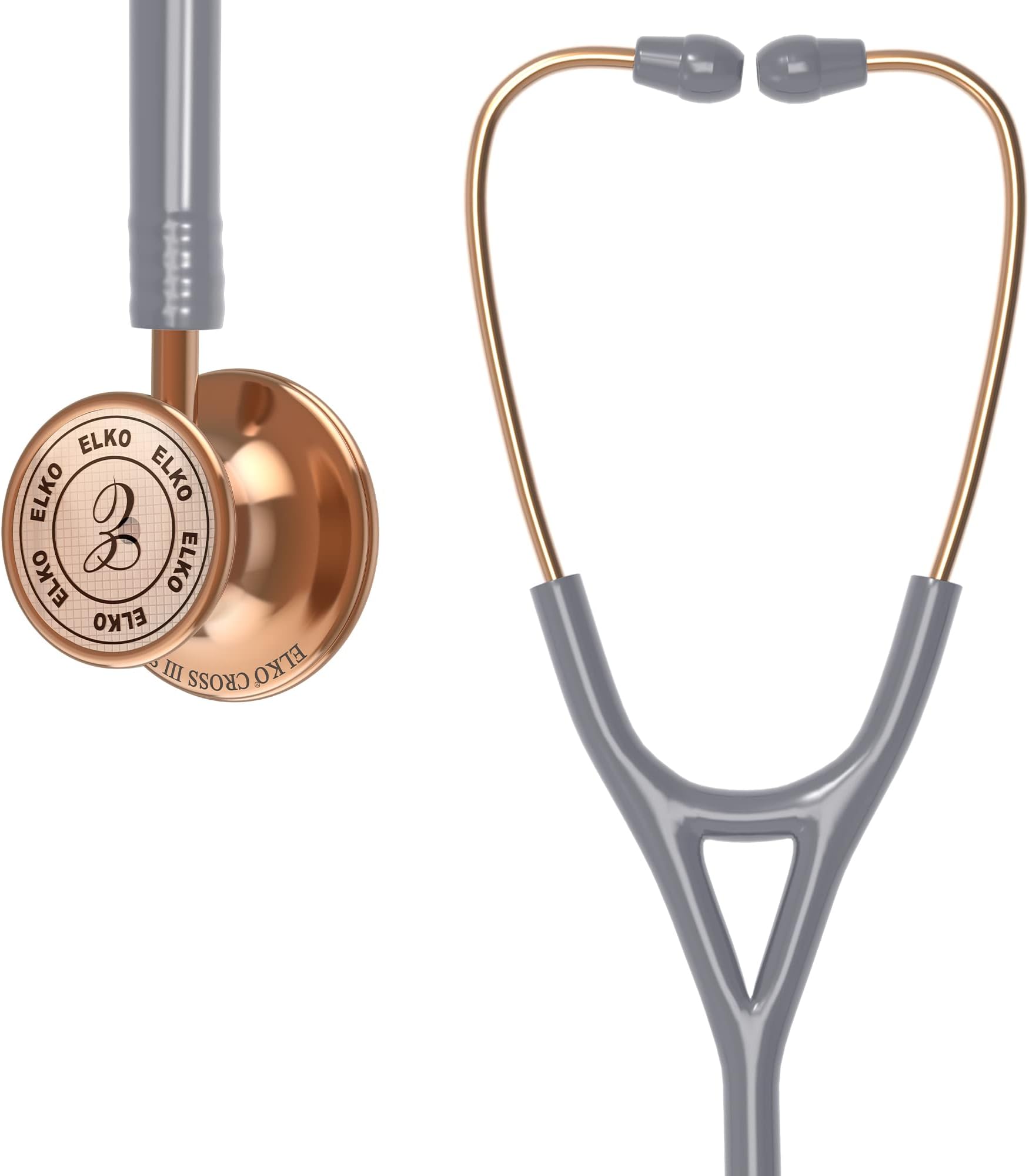 ELKO EL-190 Rose Gold edition CROSS III SS stainless steel dual head acoustic stethoscope | Adult & Pediatric Stethocope with Double-sided Rose Gold Chestpiece | Two-Way PVC Tubing | Doctors & Medical Students (Grey)
