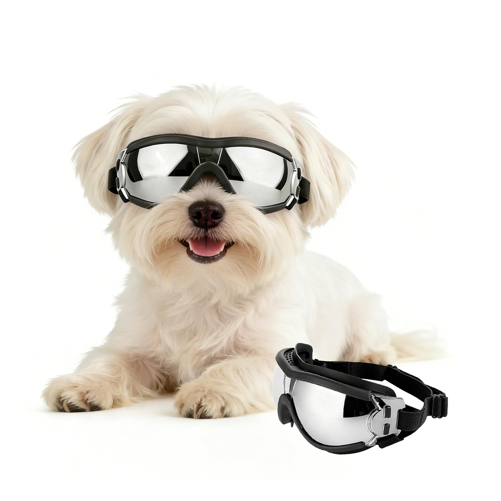 dog wearing goggles PETLESO for Small Breeds, UV Protection Dog Sunglasses with Adjustable Straps, Windproof Pet Eyewear for Small Pet, Soft Frame, Black S : Pet Supplies member:51043871621288:5200 LegUp LandinGear - 88-UP Color:Glicine