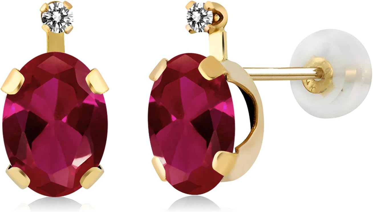 Gem Stone King 14K Yellow Gold Red Created Ruby and White Diamond Earrings For Women (1.89 Cttw, Gemstone July Birthstone, Oval 7X5MM)