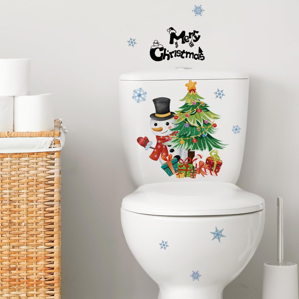Christmas Tree Snowman Toilet Stickers Xmas Wall Toilet Lid Sticker Bathroom Decals Self-Adhesive Festival Stickers for Christmas Party Home Decoration 2 Sheets