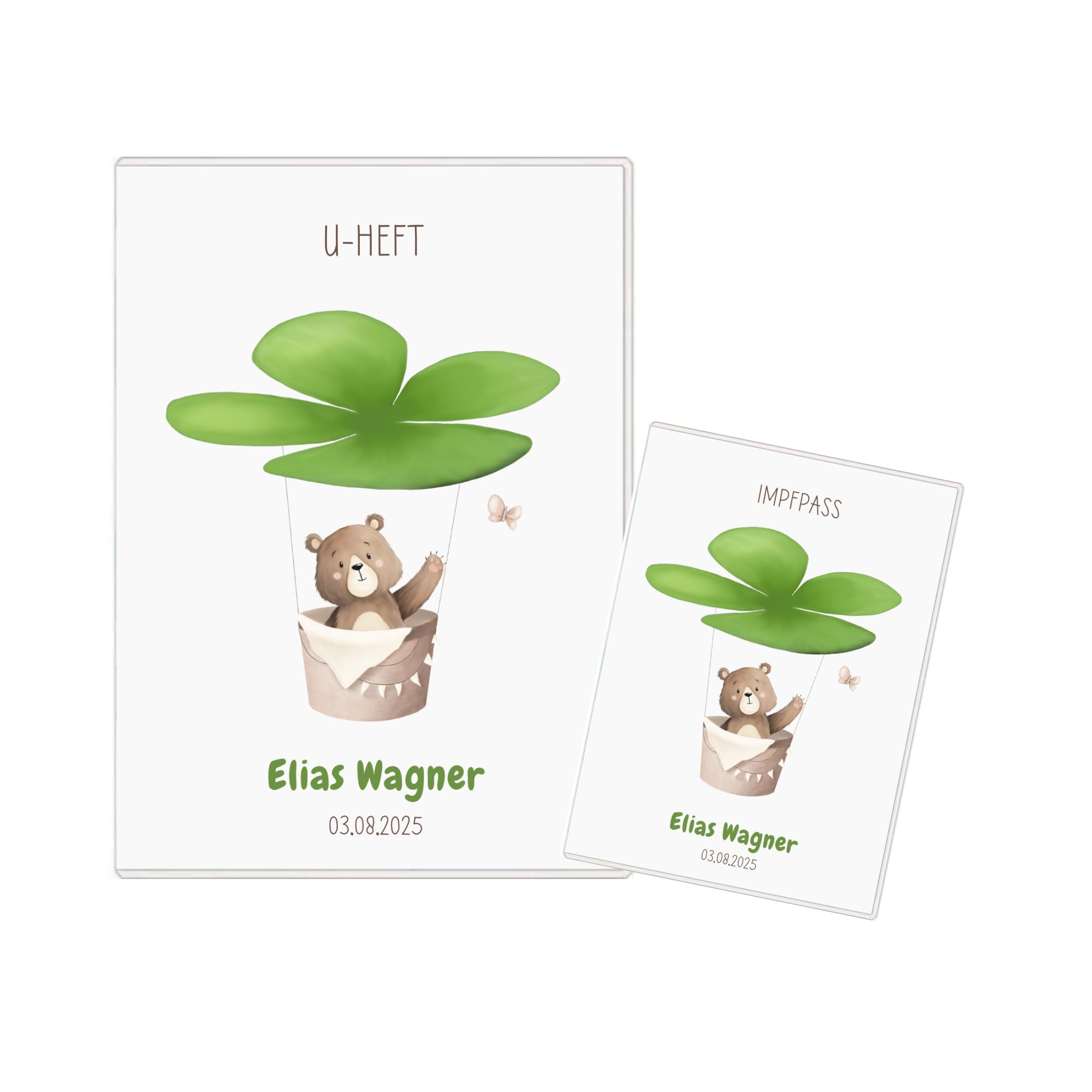 U-Heft & Impfpass Hülle Set personalisiert – Bär im Kleeblatt-Heißluftballon – Geschenk zur Geburt & Taufe – Baby Dokumentenmappe für Mädchen & Jungen – Handmade (Bär)