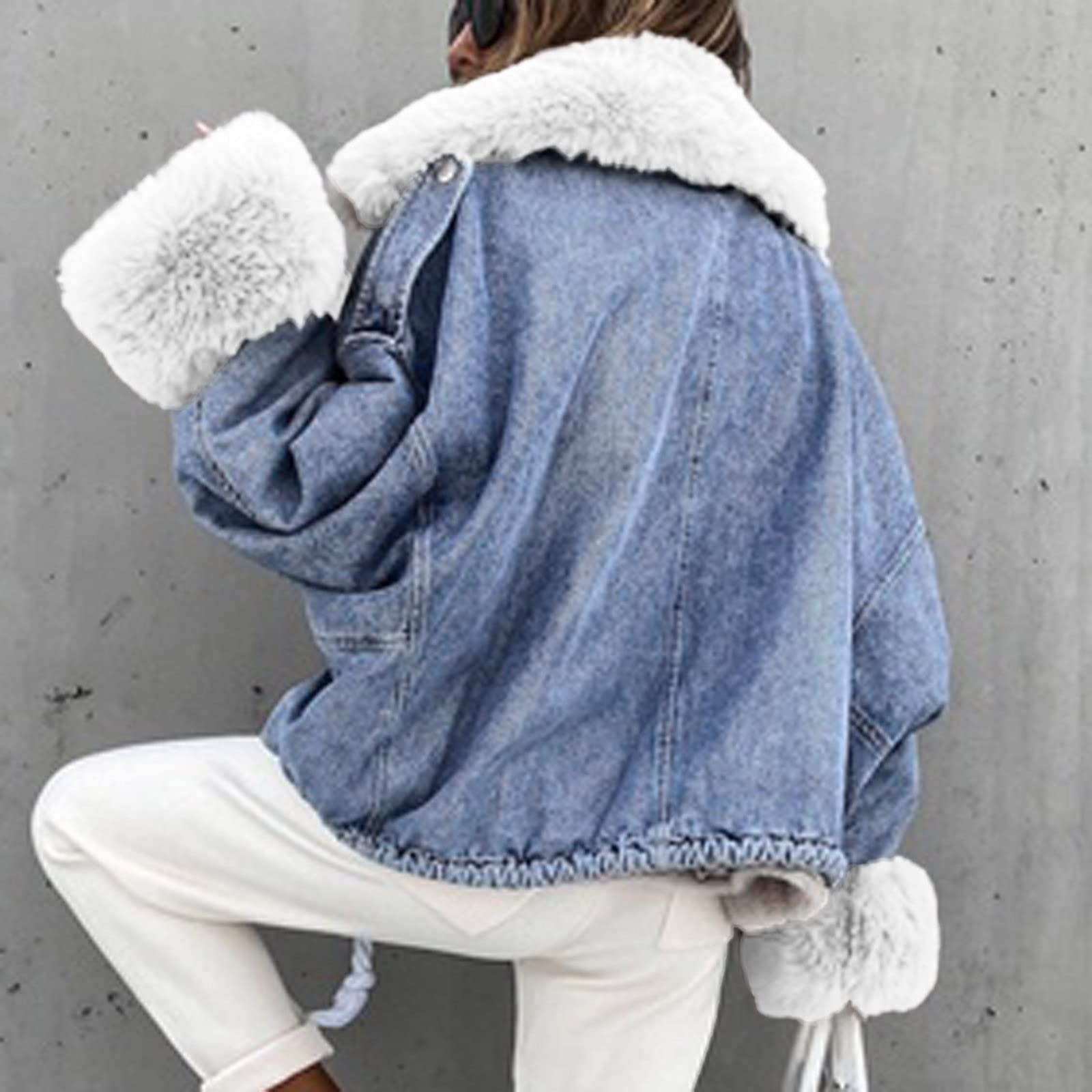 IQYU Chaqueta vaquera con pelo para mujer – Chaqueta de invierno para mujer, chaqueta larga y cálida, forro polar, con capucha, para adolescentes, para exteriores, chaqueta vaquera, chaqueta vaquera,