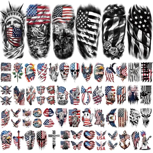 Image of 77 Sheets Independence Day Temporary Tattoos, USA Flag Patriotic Waterproof Fake Tattoos, Red White and Blue Party Supplies Tattoo for 4th of July Memorial Day, Veterans Day Tattoos