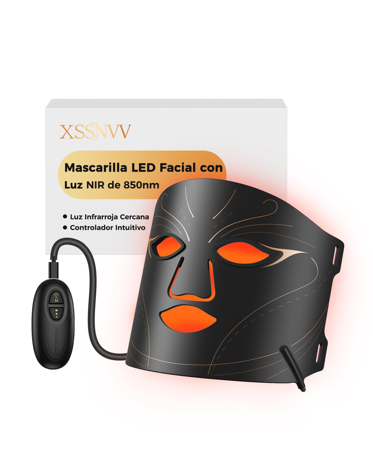 XSSNVV LED Facial Mask with 4 Modes, 224 LEDs, Home Care All | Red, Blue, Amber, NIR 850 nm, Timer 10/15 min, 3 Intensities, Rechargeable Controller, Automatic Shut-off