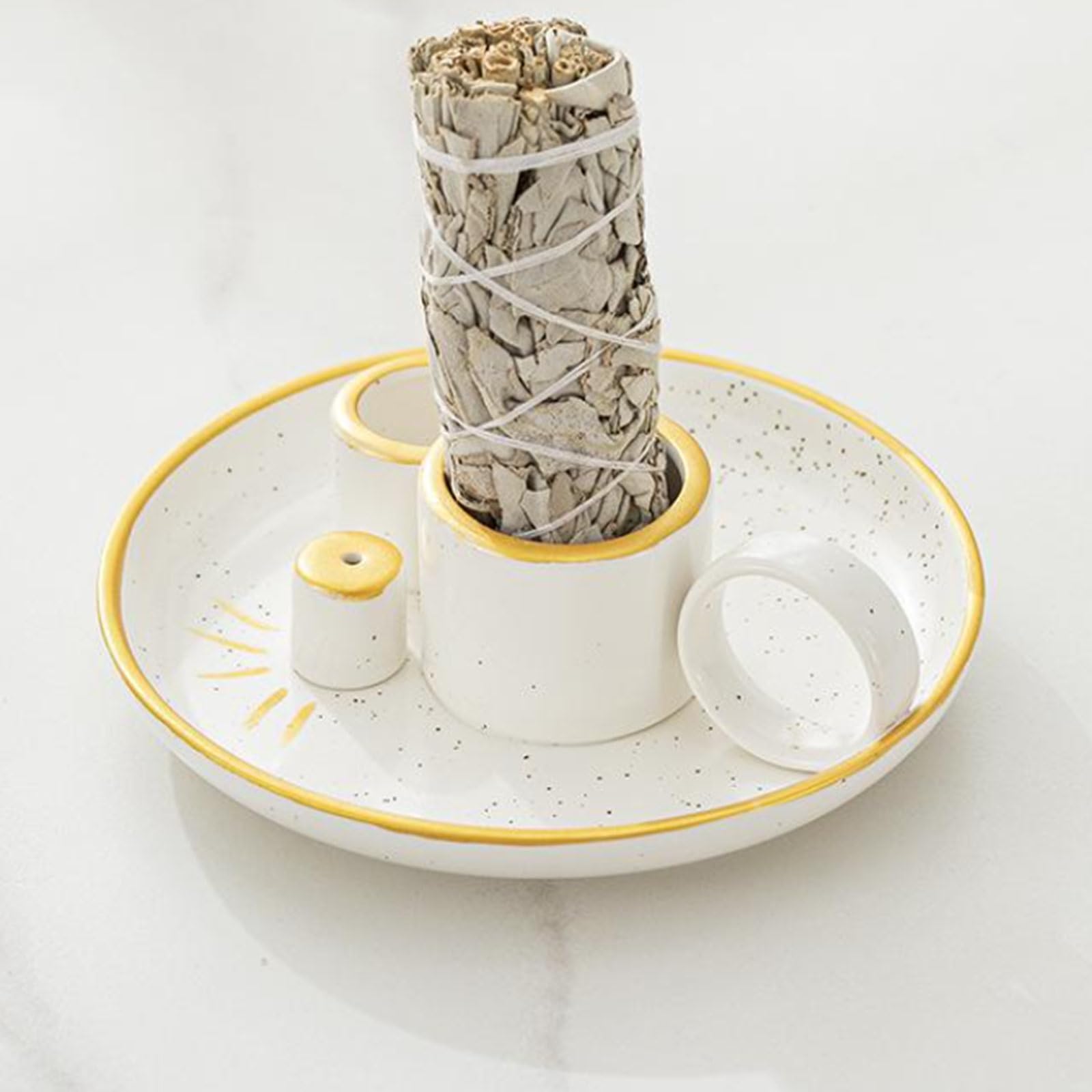 Soporte de cerámica multiusos para incienso, conos y salvia con bandeja recogecenizas