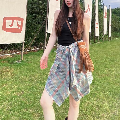 Vintage Checkered Graffitis A Line Short Wrap Skirt for Women Layering Hip Covering Scarf Tie Up Asymmetrical Apron Skir3