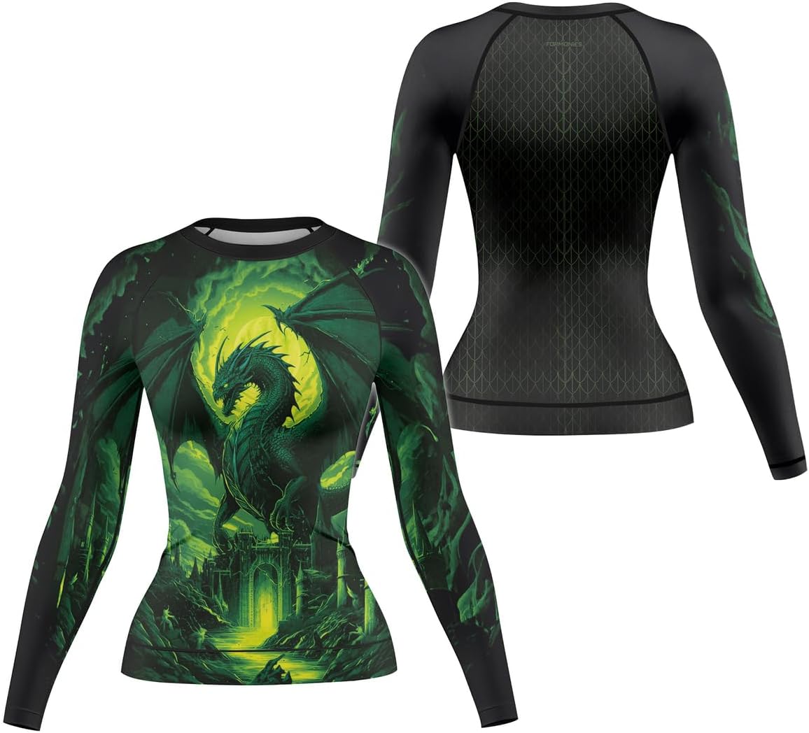 FORMONIES Women's Dragon Compression Shirt Long Sleeve Rash Guard for MMA BJJ Grappling Training Fight Gear