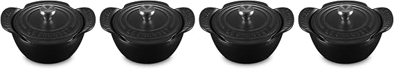 Le Creuset Enameled Cast Iron Gourmand Collection Set Of 4 Mini Round Cocotte, .3 Qt., Matte Black W/Stainless Steel Knob
