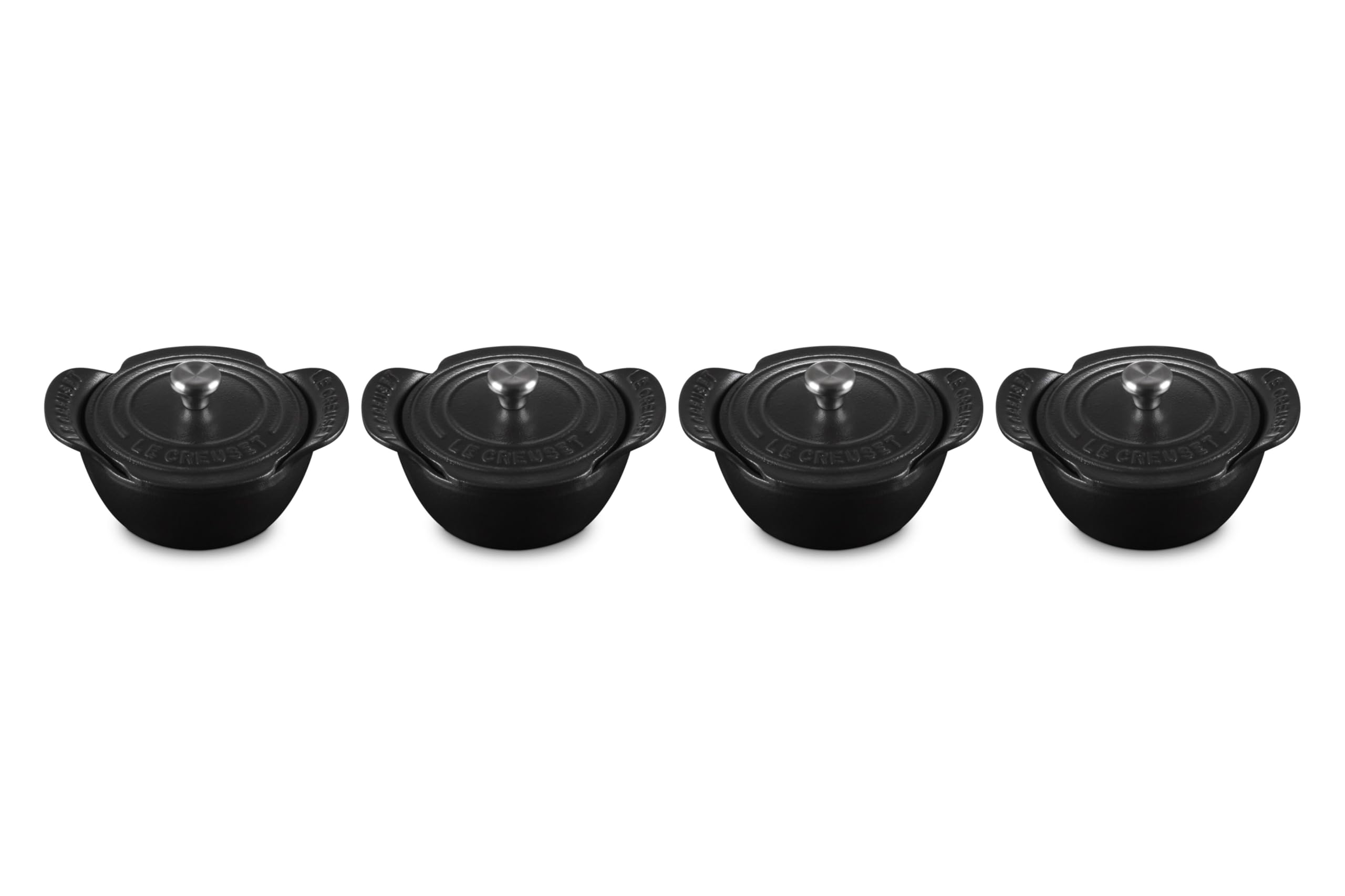 Le Creuset Enameled Cast Iron Gourmand Collection Set of 4 Mini Round Cocotte, .3 qt., Matte Black w/Stainless Steel Knob