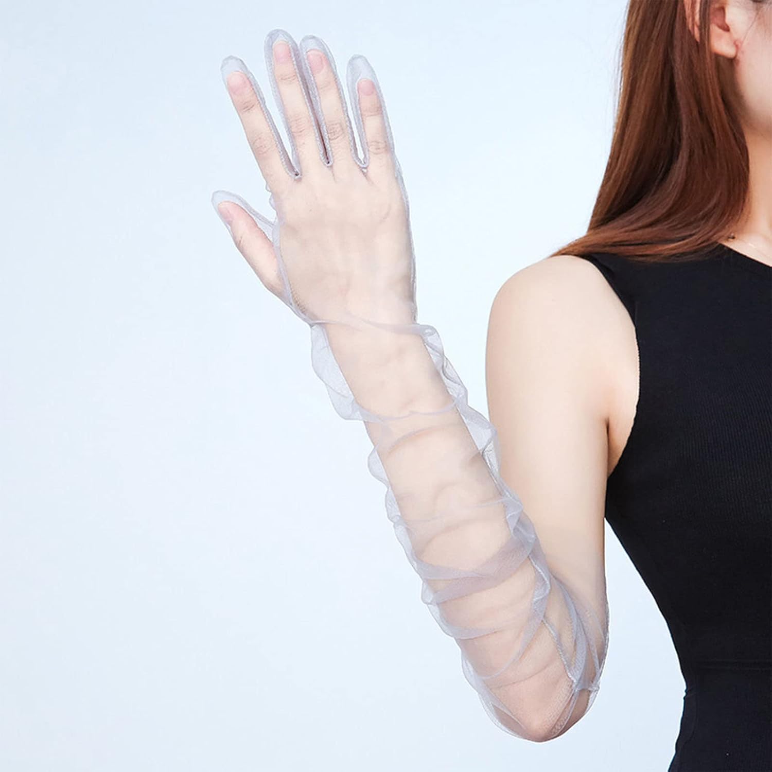 Exquisite Long Tulle Elbow Gloves 55cm Wedding Thin Stretchy Full Finger Mittens For Party Concert Wedding