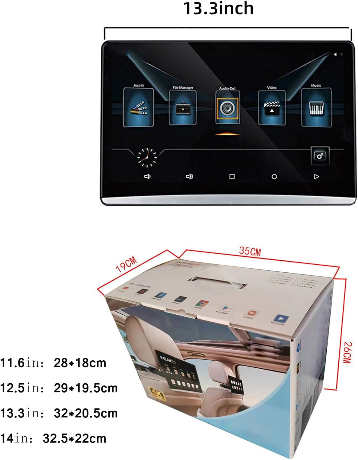 Car Tv Headrest Monitor- Touch Screen(11.6/12.5/13.3/14in), Portable Video Player, Support Phone Wireless Mirroring, 3+32g, Support/USB/SD/HDMI/FM, Rear Seat Entertainment Headrest,14in,1pcs