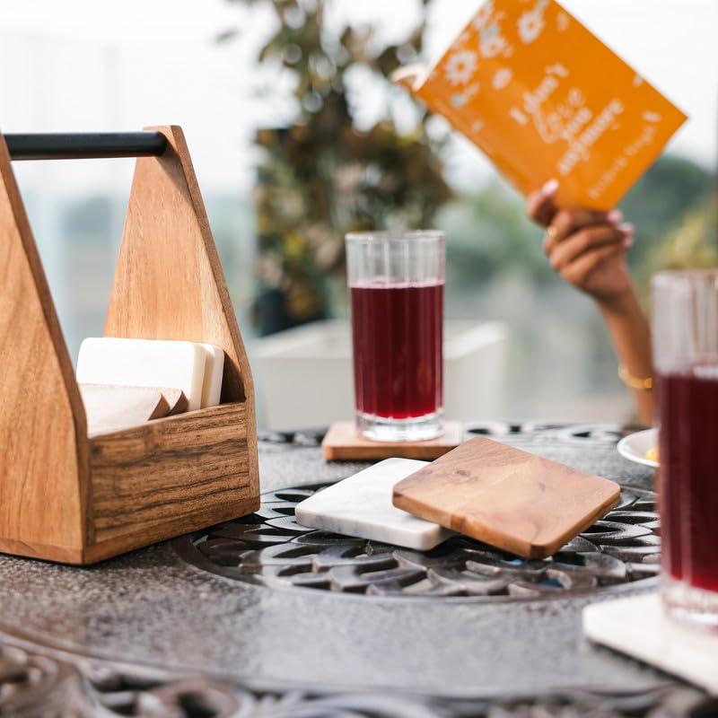 Image of Ireka Home CarryEase Coaster Set with Holder (Set of 8) - 4 Wooden & 4 White Marble Coasters for Tea, Coffee Mugs & Glasses - Home & Kitchen Decor