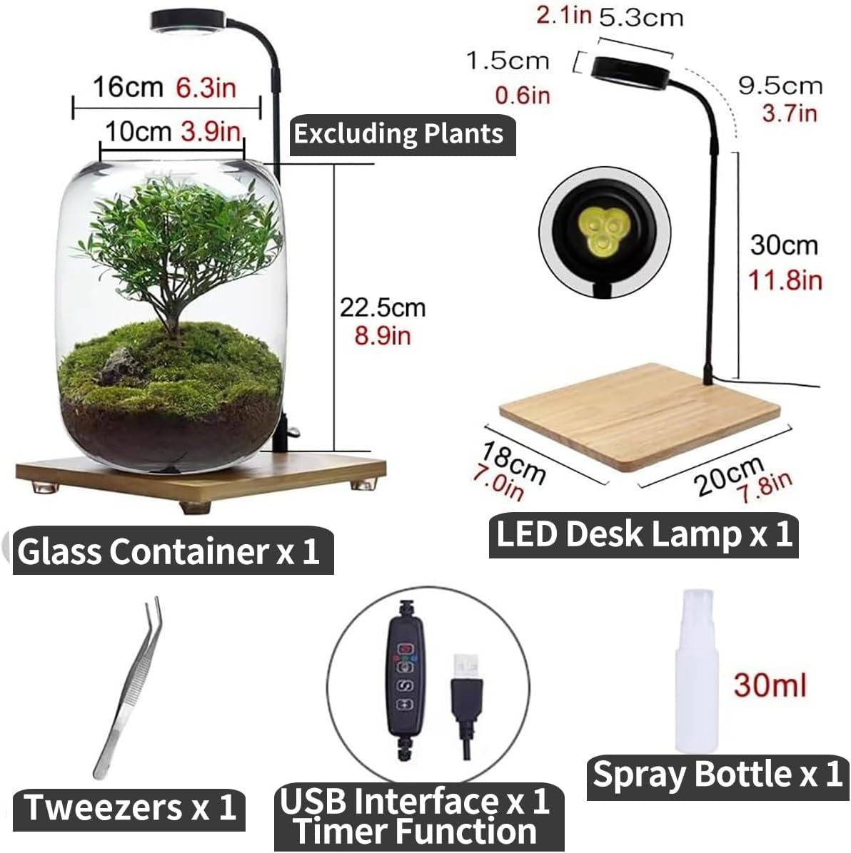 Glass Plant Terrarium with LED Light Plants Containers Office Home Ornamental Plant Glass Container Indoor Flower Pot Micro-Landscape with Grow Light Set Moss Vase Planter Terrariums(Clear)