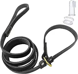 LWBMG Coleira de couro para cães de 1,7 m, guia deslizante de couro verdadeiro, coleira macia ajustável para cães de pequeno a grande porte - preta