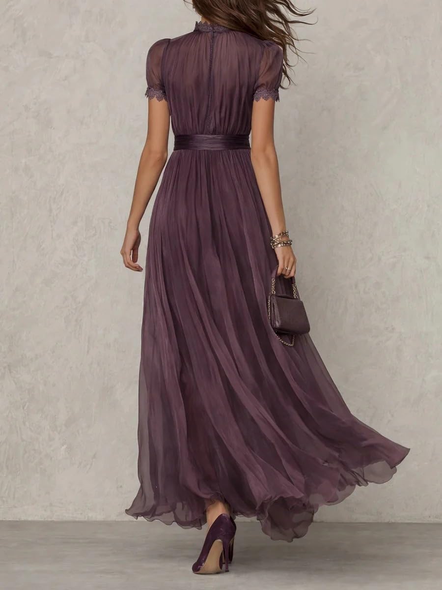 Générique Maxi-Robe pour Femme Violet foncé bordée de Dentelle – Robe Longue Fluide et décontractée à Manches Courtes, Style bohème, idéale pour la Plage ou Les soirées Estivales élégantes