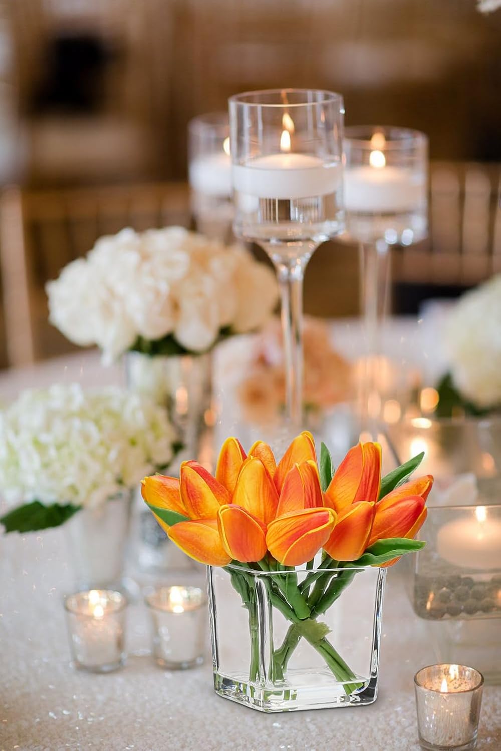 DILATATA Artificial Orange Tulips in Vase with Faux Water 5.5 Real Touch Flowers Fake Tulips Small Flowers Arrangement in Cube Glass Vase for Mother's Day Table Centerpiece Wedding Home Decor