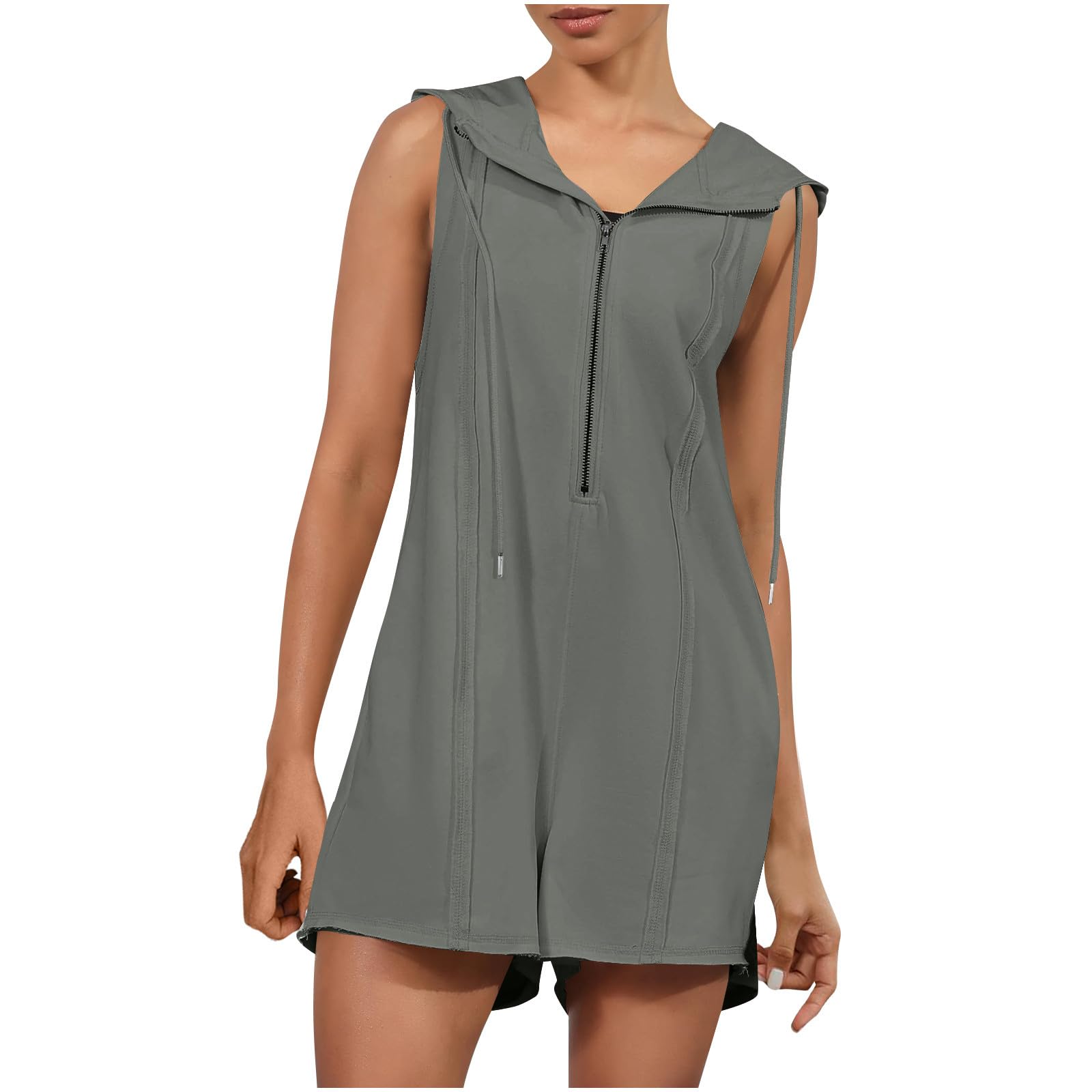 YRAETENM Women's Zip up Romper Summer Sleeveless Athletic Hooded Shorts Jumpsuits Casual Wide Leg Overalls with Pockets