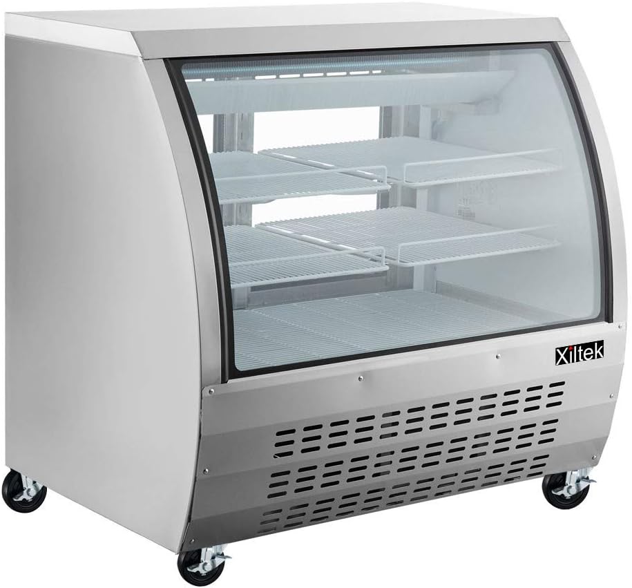 Xiltek 48" Stainless Steel Deli Display Case with LED Lighting, Curved Glass Refrigerated Meat and Seafood Showcase, Bakery Case and Casters