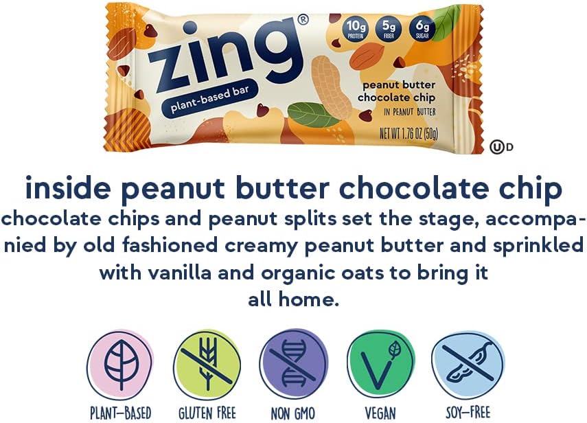 Zing Bars Plant Based Protein Bar, Peanut Butter Chocolate Chip Nutrition Bar, 10g Protein, 5g Fiber, Vegan, Gluten Free, Soy Free, Non GMO, 12 count