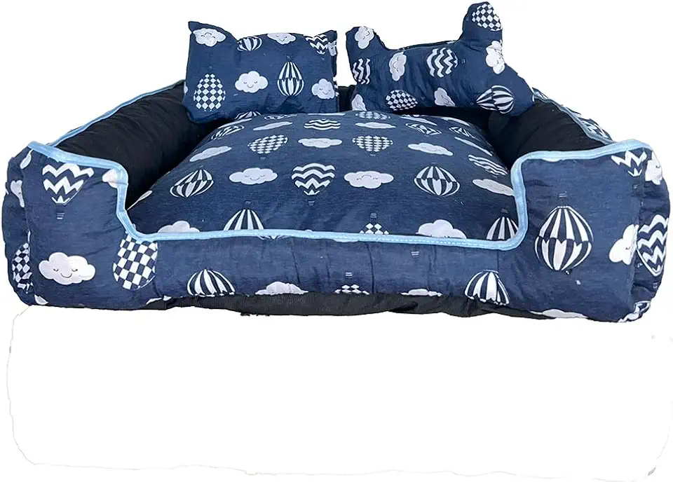 Cama Pet Onix Quadrada, Tricoline 100% Algodão, Fundo Impermeável, com Zíper Lavável, Almofada Decorativa e Ossinho, para Cães e Gatos (Azul Royal e Azul Marinho, Médio)