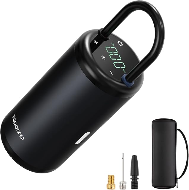 Topcony 150 PSI Mini Rechargeable Cordless Tyre Inflator, 2 * 2600mAh Portable Air Compressor Battery LED Lights LCD Touch Display Handheld Bike Pump for Car, Motorcycle, Ball and Other Inflatables