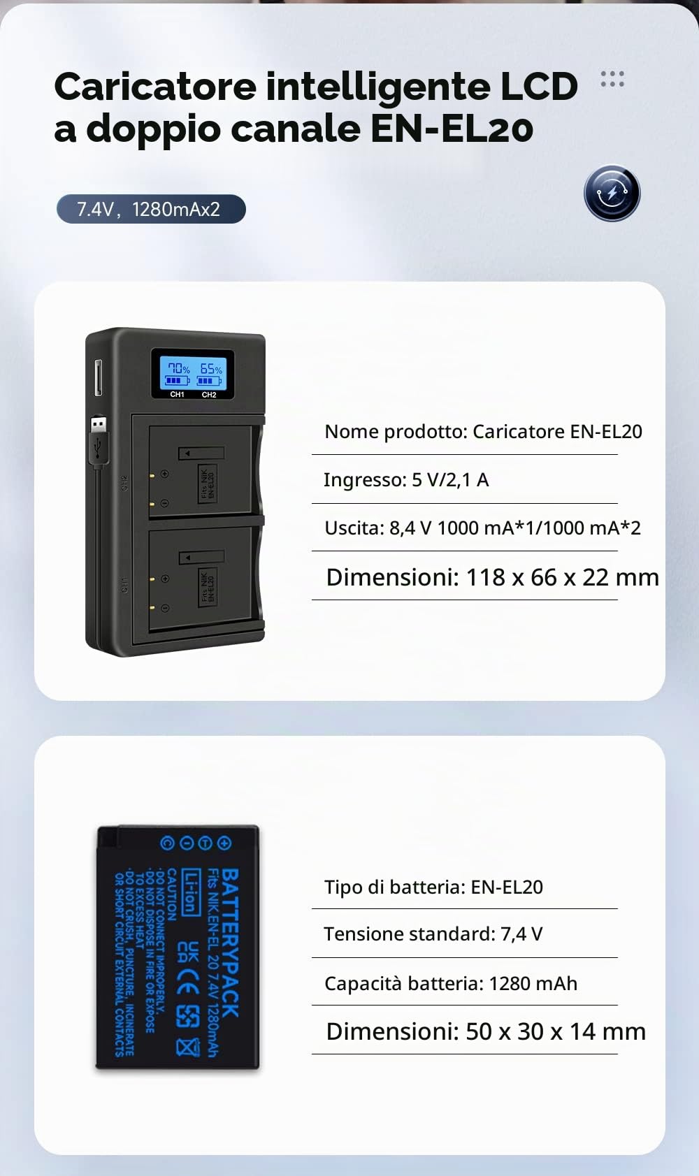 2 pezzi EN-EL20 EN-EL20a Batterie e Smart LCD Display Caricatore USB doppio per Nikon Coolpix P1100, P950, P1000, DL24-500, Coolpix A, 1 AW1, 1 J1, 1 J2, 1 J3, 1 S1, 1 V3 Fotocamera Digitale