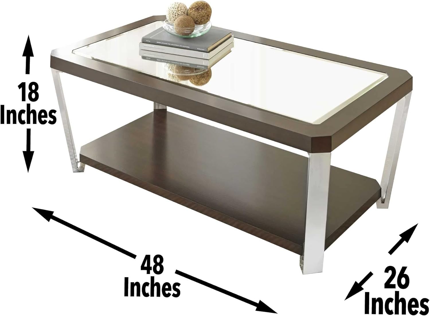 Steve Silver Co Rectangular Truman Cocktail Table, Tempered Glass, Espresso Finish, Sophisticated Design for Living Room, Bottom Shelf for Storage/Display, 48" L x 26" W x 18" H, Brown