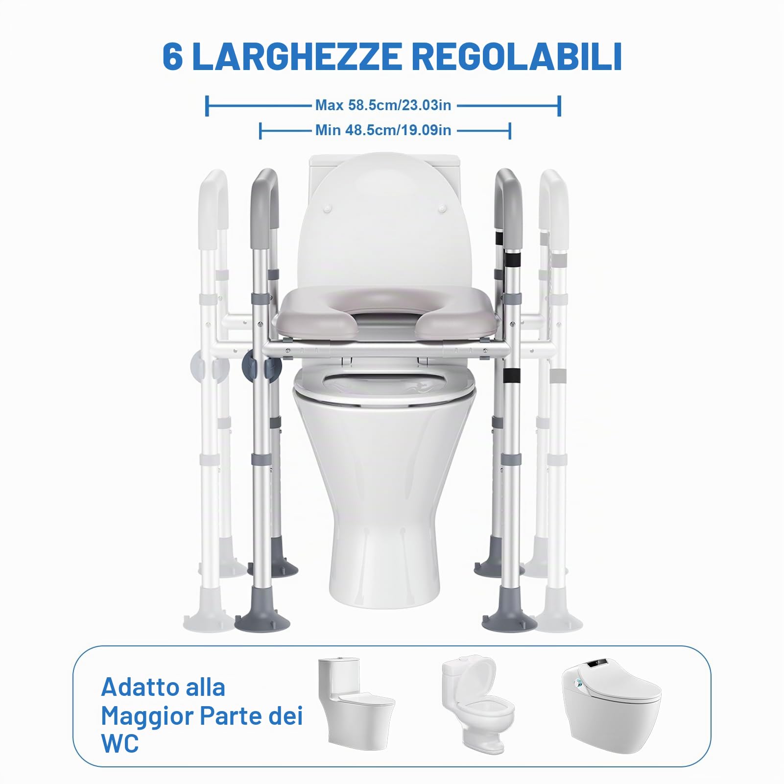Rialzo WC per Anziani, Alzata per WC con Altezza e Larghezza Regolabili, Alza Water x Anziani con Braccioli per Anziani, Seduta Imbottita e Telaio in Alluminio, Adatto a Qualsiasi WC, Portata 150 kg