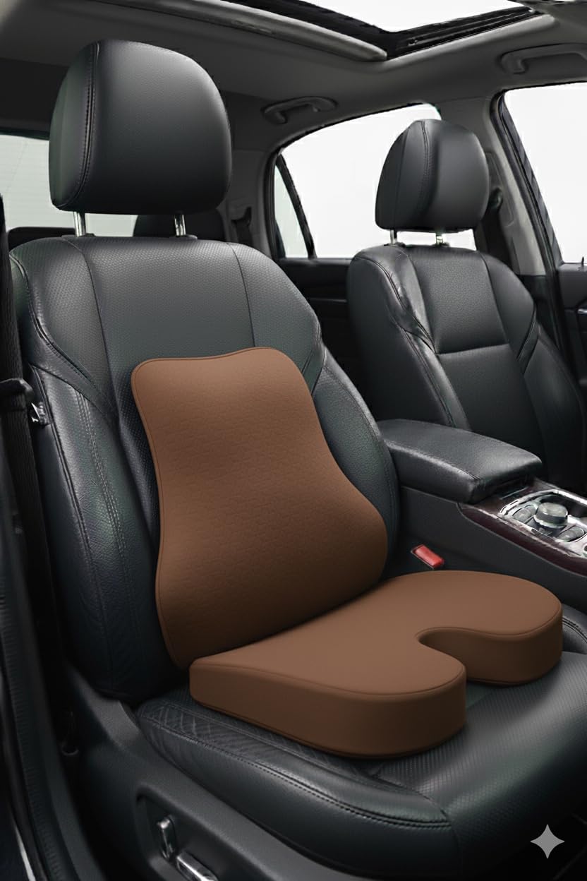 Back Comfort Combo | Lumbar Support Pillow + Coccyx Seat Cushion | Memory Foam Orthopedic Set for Back Pain Relief | Ergonomic Support for Office Chair, Car & Home Use (2, Coffee)