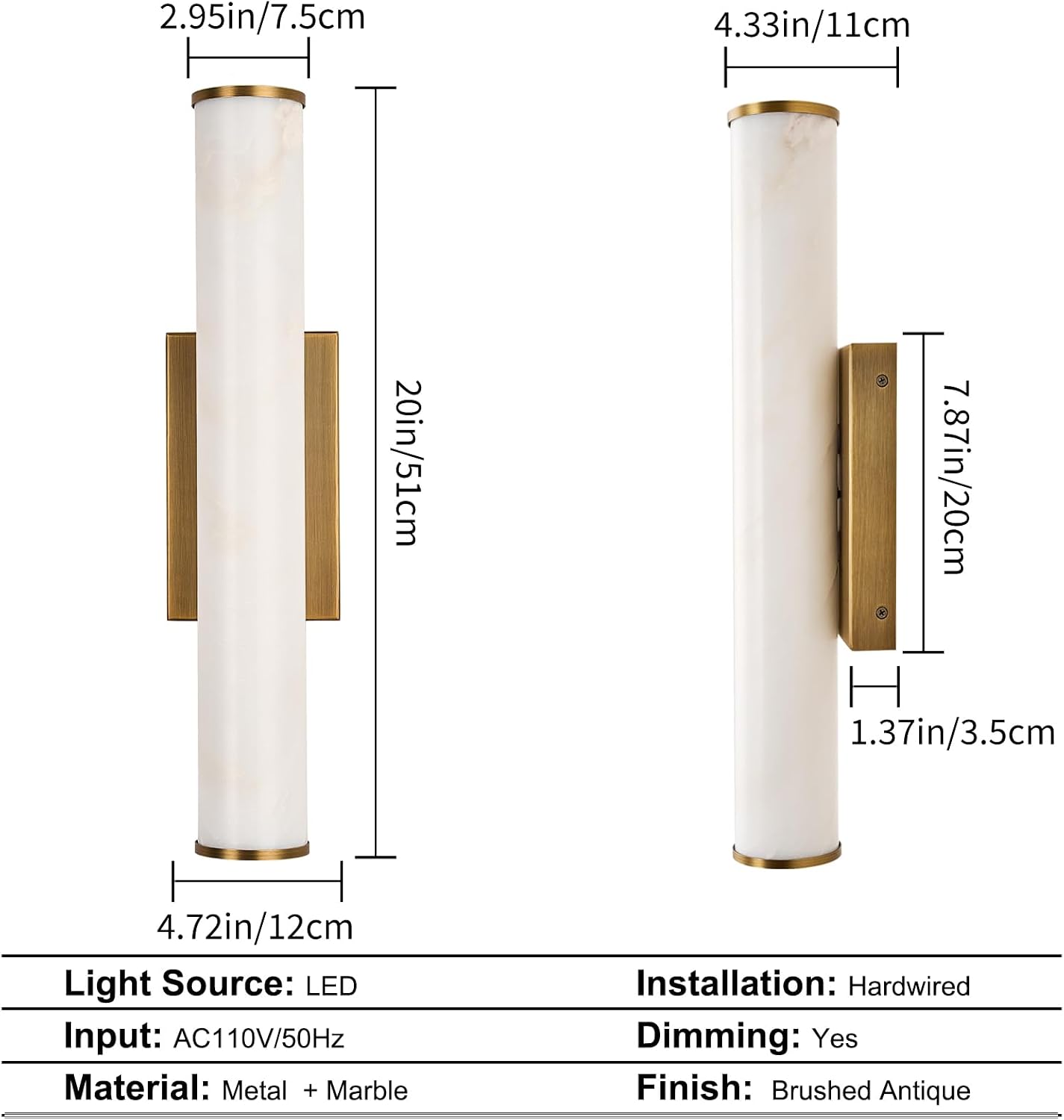 Alabaster Wall Sconces, 20" Brass Wall Sconce, Cylinder Natural Marble Sconces Wall Lighting, Modern Stepless Dimmable Sconces Lighting for Bathroom Living Room Bedroom Stairs Hallway