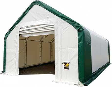 20x40x16 ft Peak Double Truss Storage Shelter, Heavy Duty Canopy, Winch Rollup Door, Outdoor Garage Tent for Vehicles Equipment 15oz